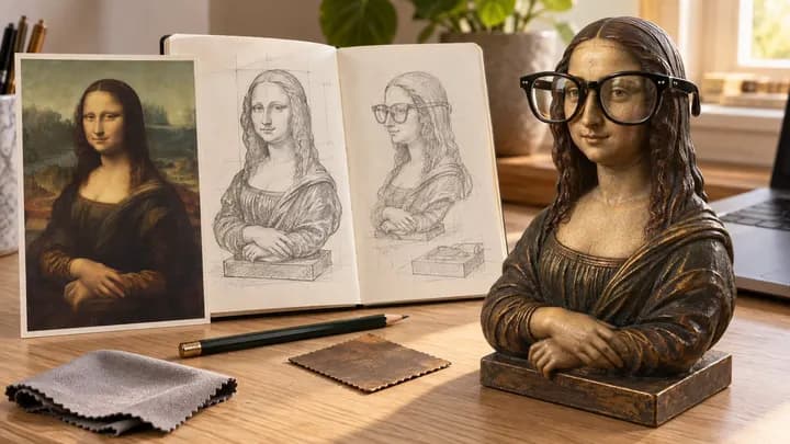 GPT Image 2.5 example: Mona Lisa glasses stand